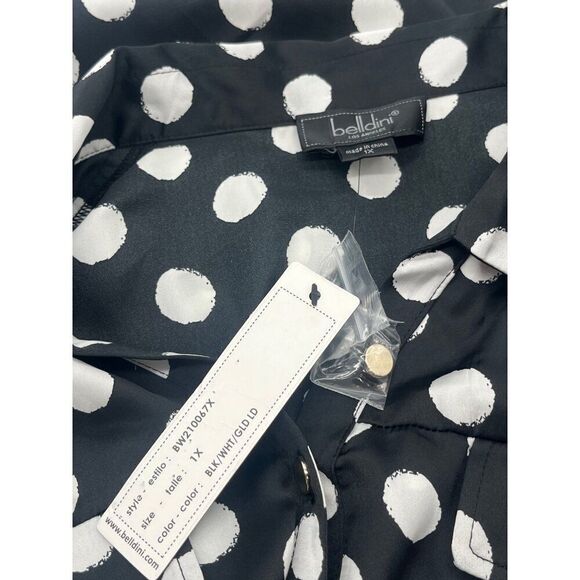 Belldini Los Angeles Women’s Button Down Printed Satin Shirt, Black/White, 1X - Picture 9 of 16